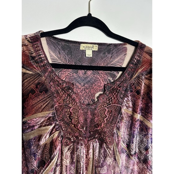 One World 2X Top Velvet Burnout Purple Pink Boho Embellished V-Neck 3/4 Sleeve - Picture 3 of 11